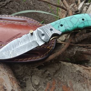 Handmade Custom Folding/ Pocket Knife Damascus Steel with Resin Handle&Sheath.