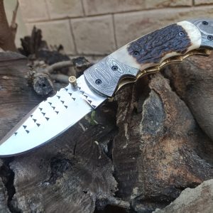 Handmade Custom Folding/ Pocket Knife Rasp Steel with Stag/Antler Handle&Sheath.