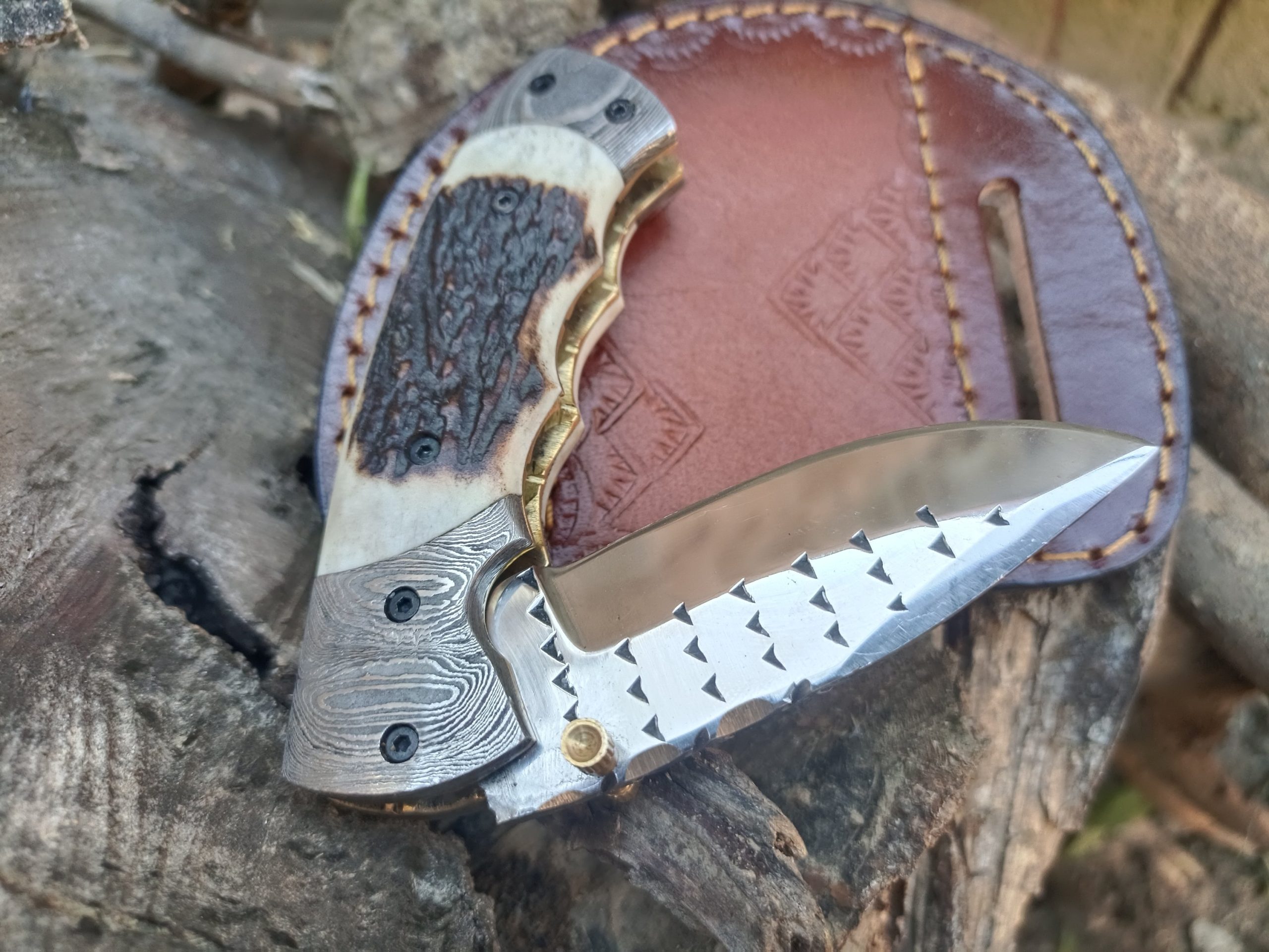Handmade Custom Folding/ Pocket Knife Rasp Steel with Stag/Antler Handle&Sheath. - Image 7